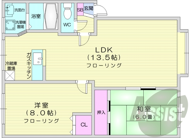 2LDK、都市ガス、ガス暖房、独立洗面台、バス・トイレ別