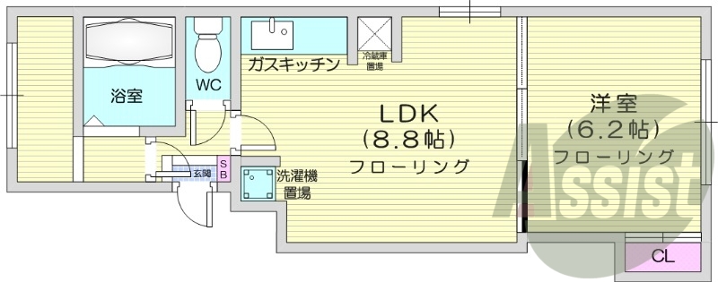 1LDKS、角部屋、バストイレ別、灯油暖房