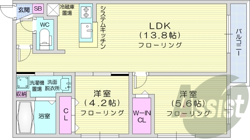 2LDK、都市ガス、エアコン、浴室乾燥機