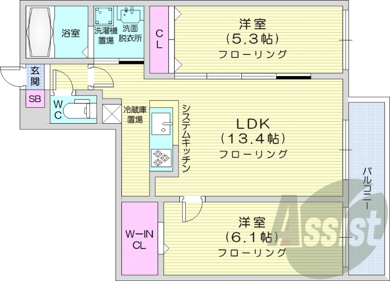 2LDK、都市ガス、エアコン、追い焚き、システムキッチン