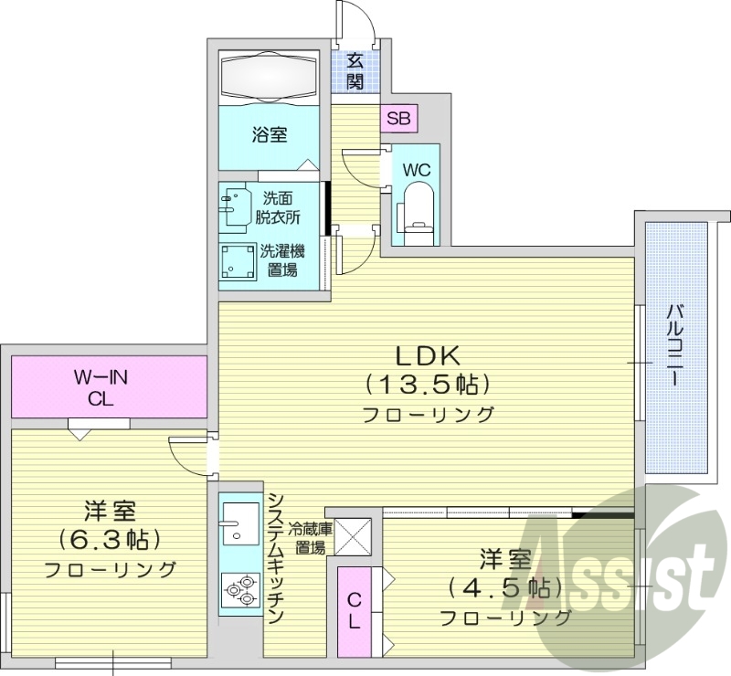 2LDK、都市ガス、エアコン、追い焚き、システムキッチン