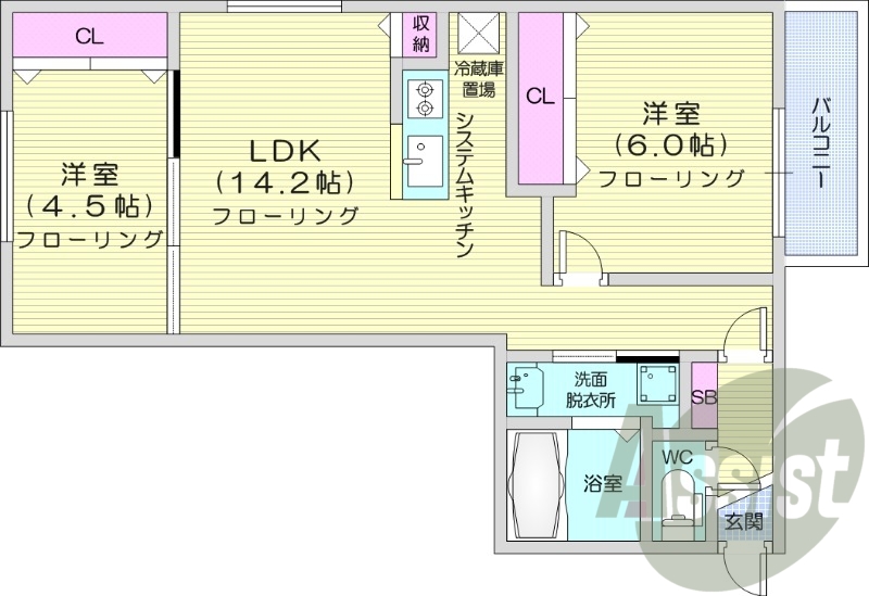 2LDK、都市ガス、浴室乾燥機、追炊き、エアコン