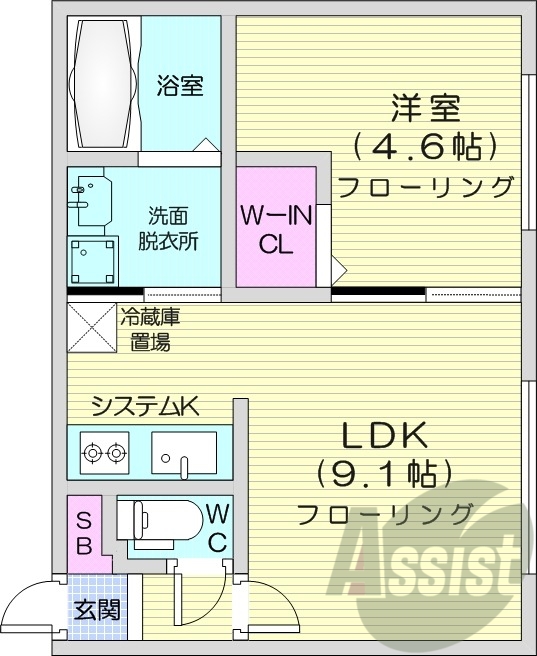 1LDK、エアコン、灯油暖房、ウォークインクローゼット