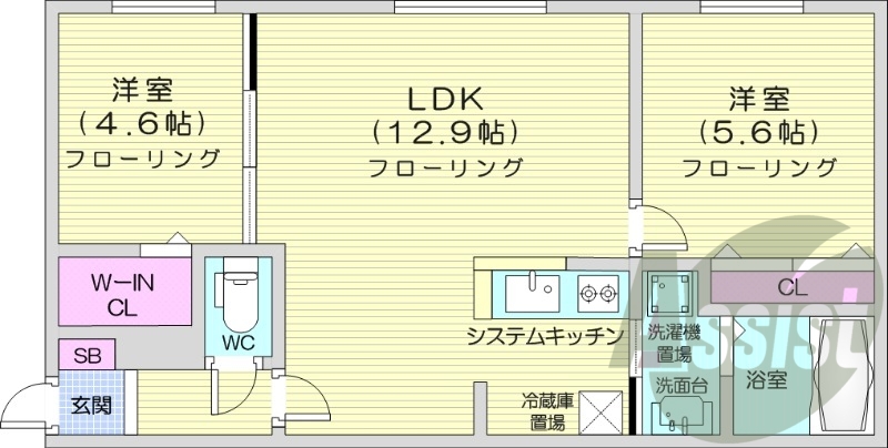 2LDK、エアコン、ネット無料、オートロック、都市ガス