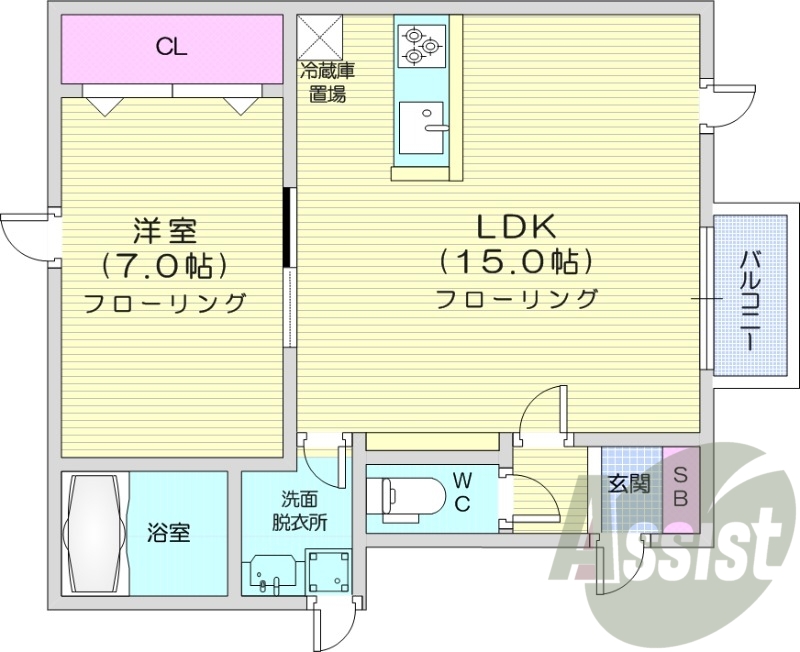 1ＬＤＫ、1坪バス、トランクルーム、灯油暖房