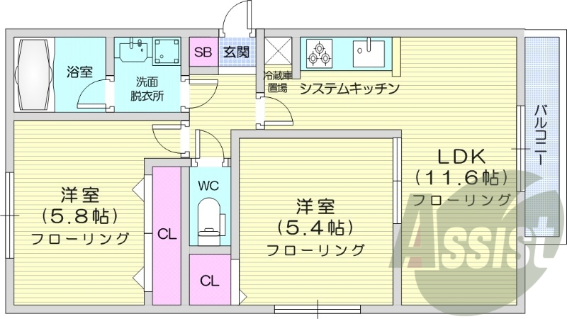 2LDK、都市ガス、システムキッチン、シャワートイレ