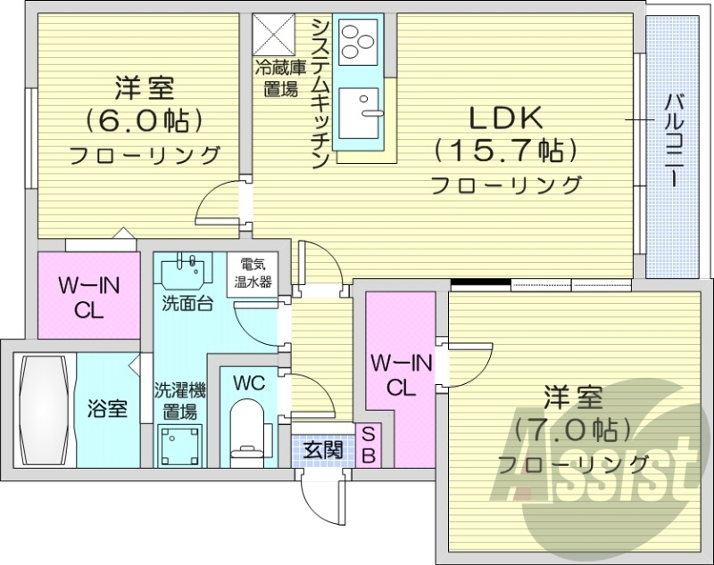 2LDK、対面システムキッチン、ウォークインクローゼット