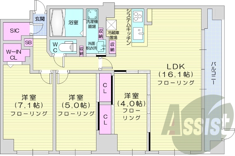3LDK、都市ガス、エアコン、ガス暖房、床暖房