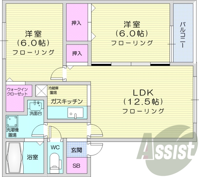 2LDK、トランクルーム、灯油暖房、バルコニー