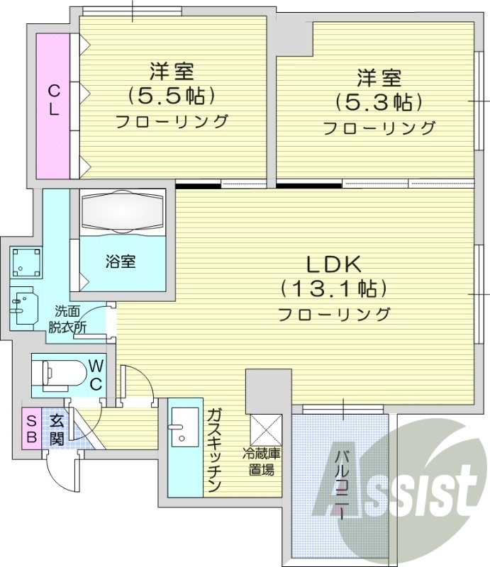 2LDK、都市ガス、ネット無料、ロードヒーティング