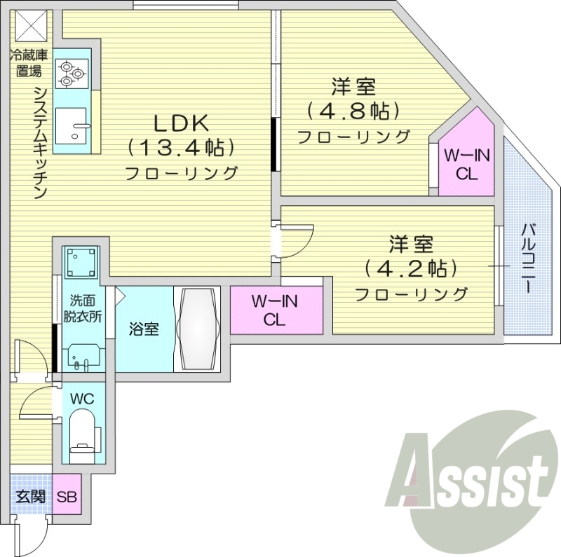 2LDK、都市ガス、エアコン、システムキッチン