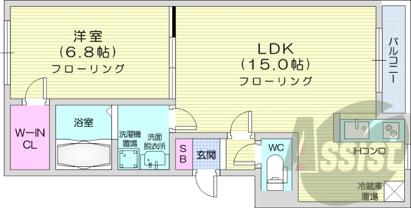 1LDK、オートロック、オール電化、バルコニー