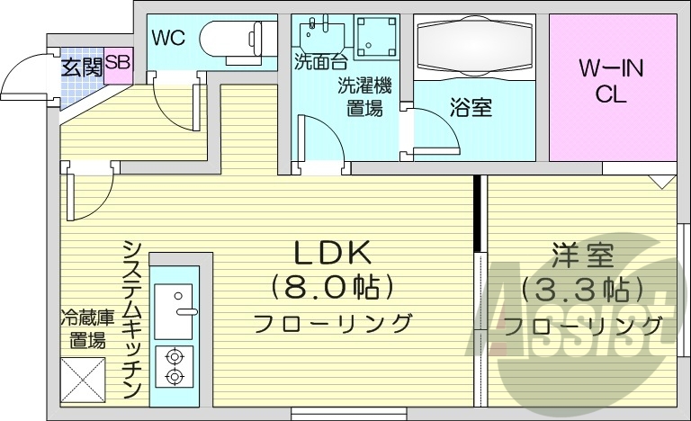 1LDK、独立洗面台、ウォークインクローゼット、エアコン