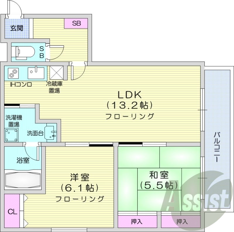 2LDK、バルコニー、シャワートイレ、灯油暖房