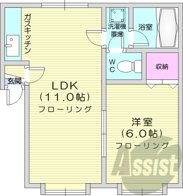 1LDK、システムキッチン、角部屋、灯油暖房