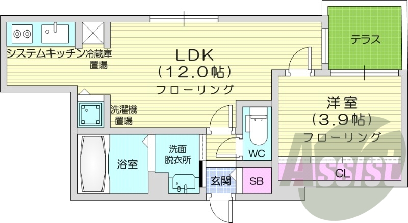 1LDK、エアコン、独立洗面台、システムキッチン、
