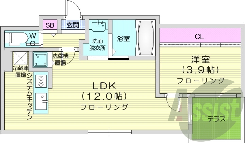 1LDK、エアコン、ガスリミット、システムキッチン
