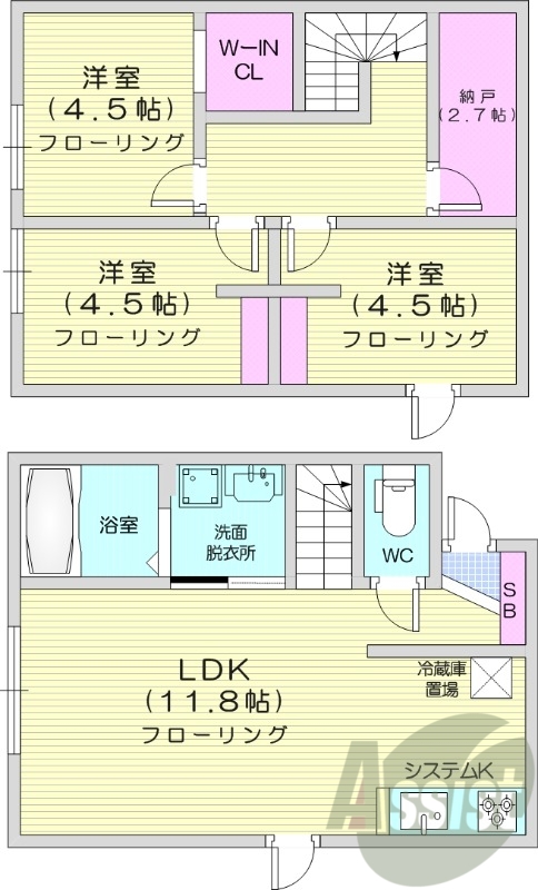 3LDK、メゾネット、システムキッチン、納戸