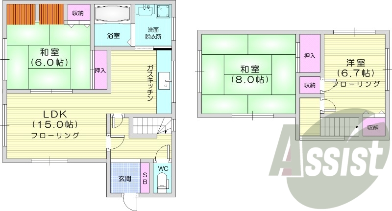 3LDK、無料駐車場付、角部屋、都市ガス
