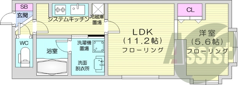 1LDK、1坪バス、エアコン、システムキッチン