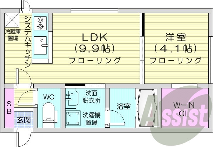 1LDK、エアコン、システムキッチン、独立洗面台
