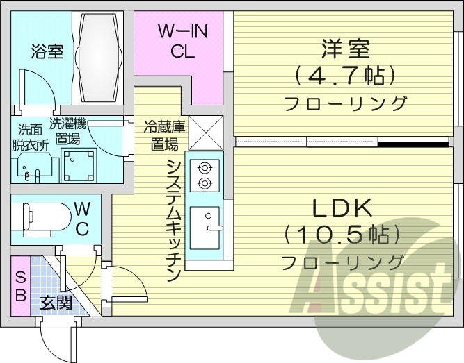 1LDK、エアコン、システムキッチン、独立洗面台