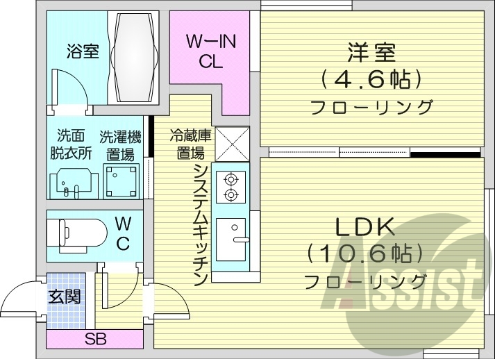 1LDK、エアコン、システムキッチン、独立洗面台