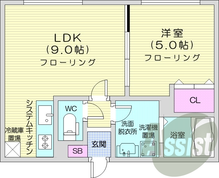 1LDK、エアコン、オートロック、システムキッチン