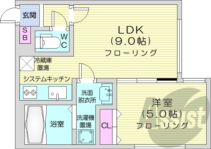 1LDK、エアコン、オートロック、システムキッチン