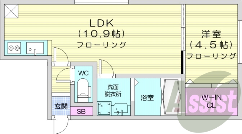 1LDK、エアコン、システムキッチン、都市ガス、独立洗面台