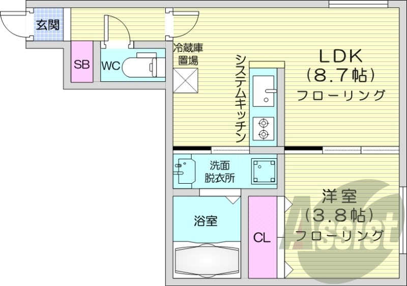 1LDK、エアコン、システムキッチン、都市ガス、独立洗面台
