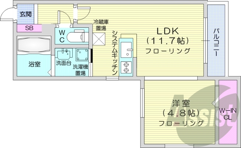 1LDK、エアコン、シャワートイレ、システムキッチン
