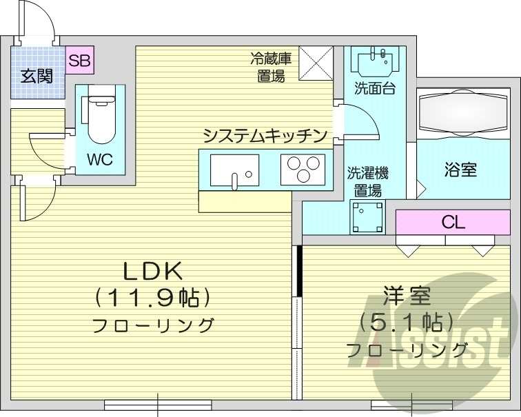 1LDK、都市ガス、システムキッチン、エアコン、追い炊き