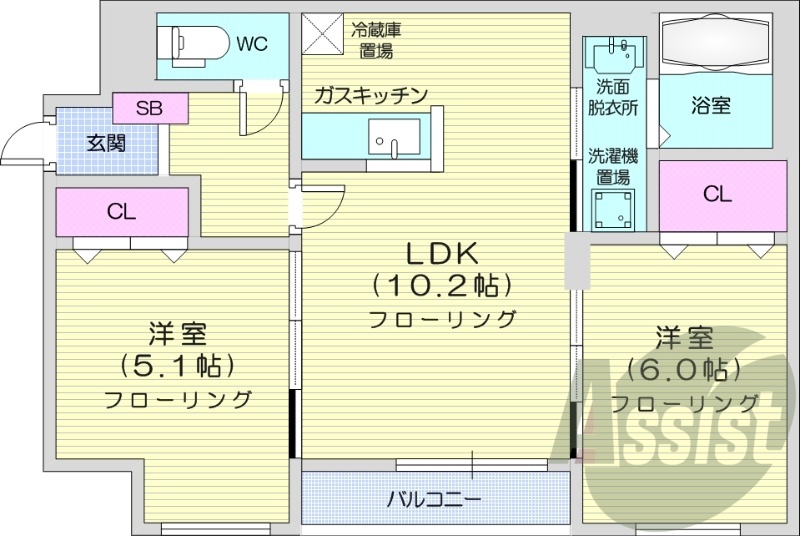 2LDK、都市ガス、オートロック、防犯カメラ