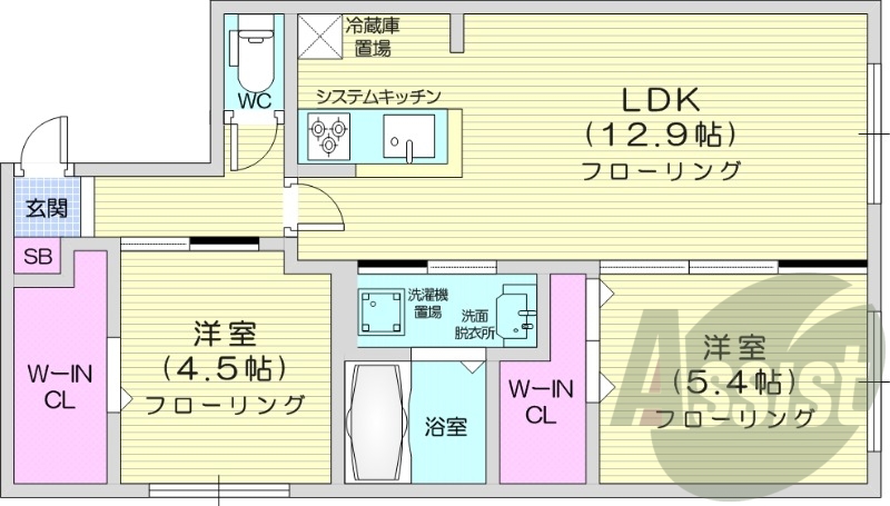 2LDK、都市ガス、ペット可、システムキッチン