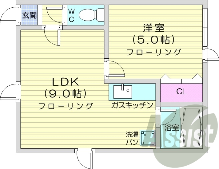 1LDK、灯油暖房、エアコン、バストイレ別