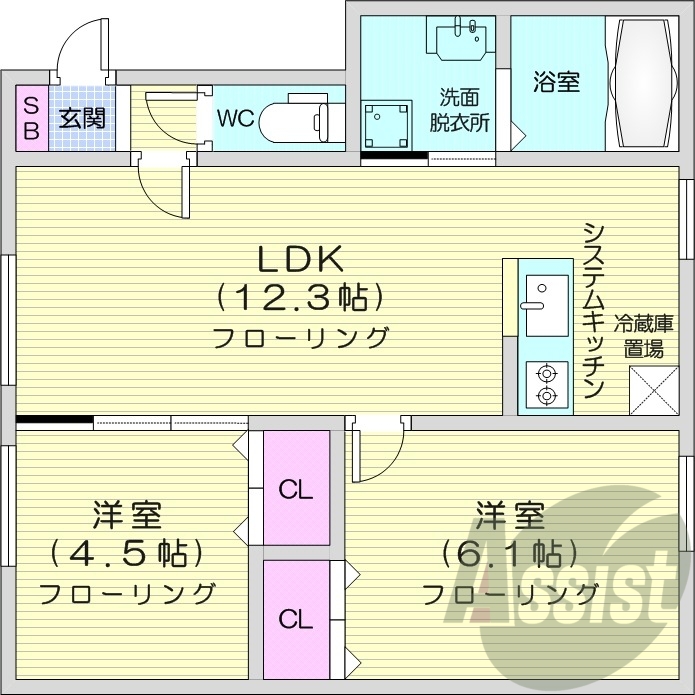 2LDK、エアコン、独立洗面台、システムキッチン
