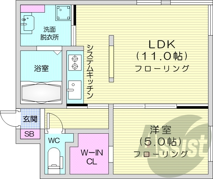 1LDK、エアコン、灯油暖房、浴室乾燥機、システムキッチン