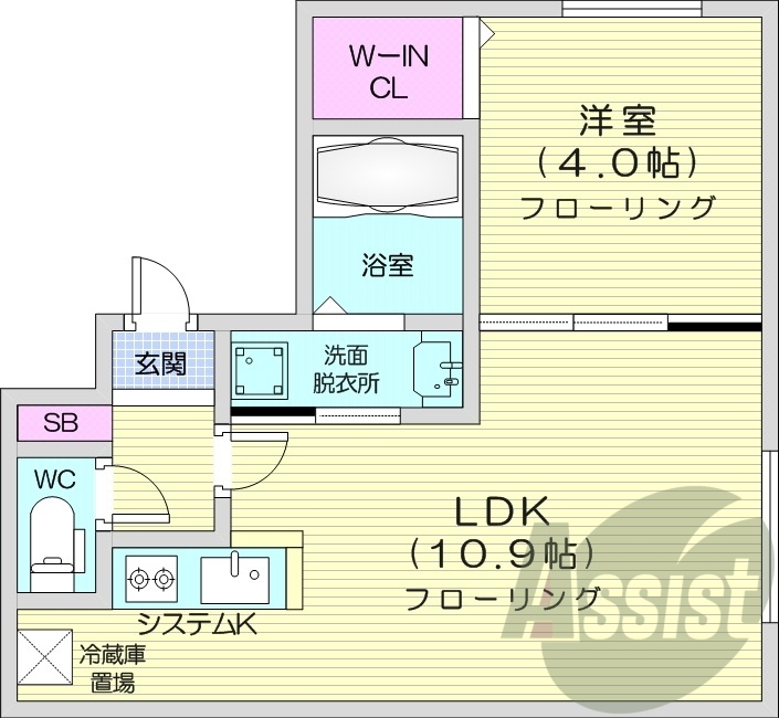 1LDK、都市ガス、エアコン、浴室乾燥機、システムキッチン