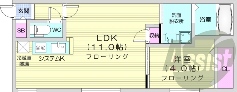 1LDK、都市ガス、エアコン、浴室乾燥機、システムキッチン