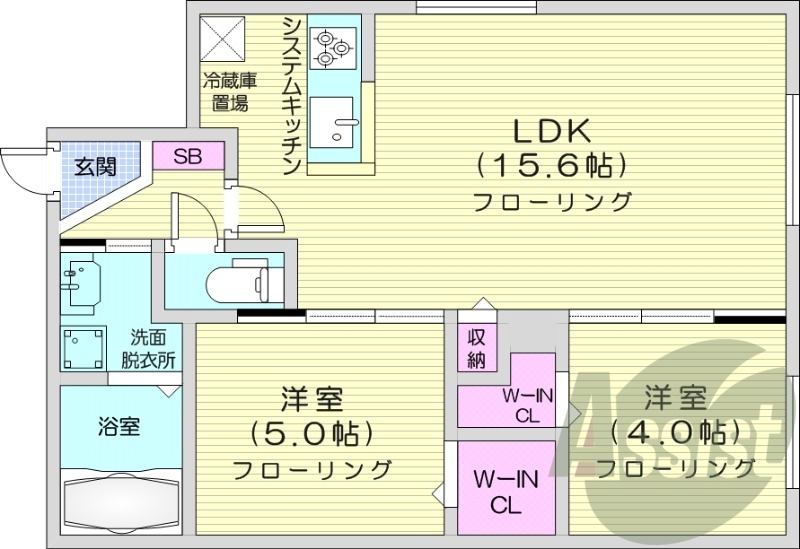 2LDK、都市ガス、エアコン、浴室乾燥機、システムキッチン