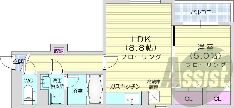 1LDK、ネット無料、灯油暖房、バルコニー、バストイレ別
