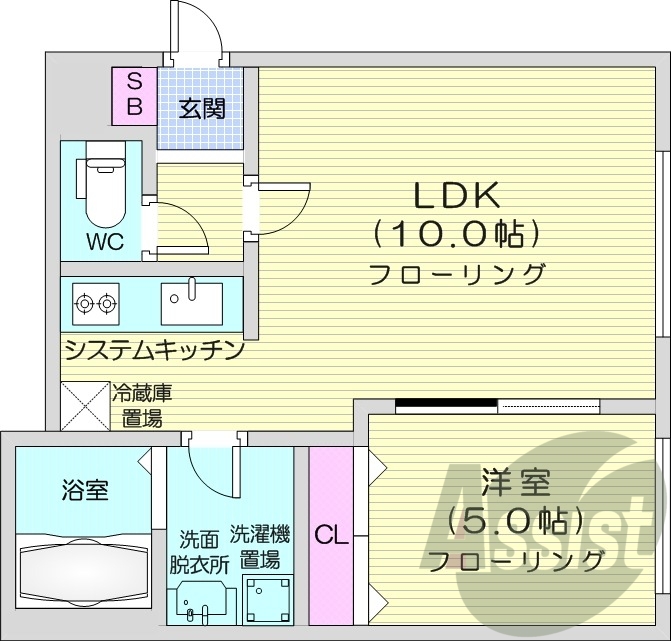 1LDK、システムキッチン、シャンプードレッサー