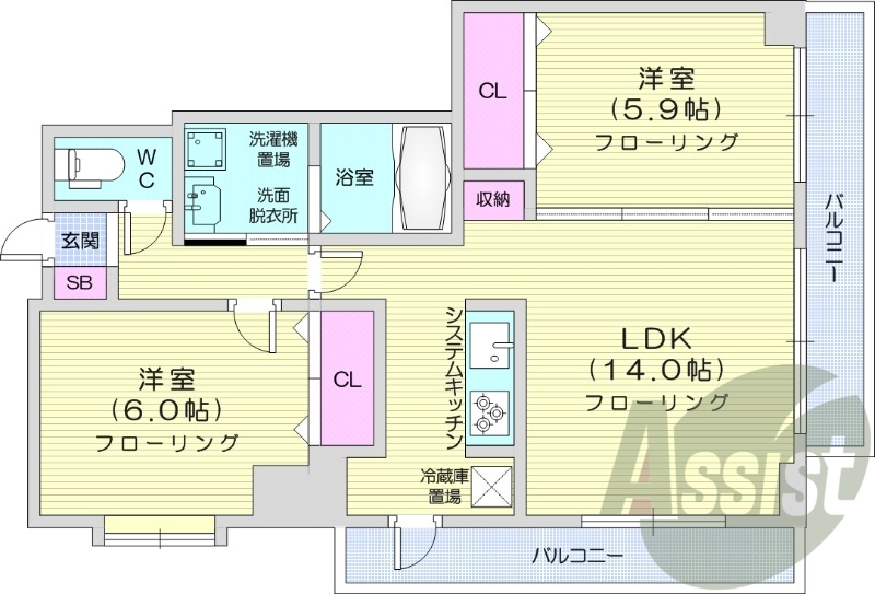 2LDK、システムキッチン、光ファイバー、宅配ボックス
