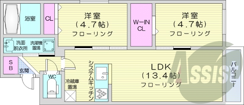 2LDK、都市ガス、エアコン、システムキッチン