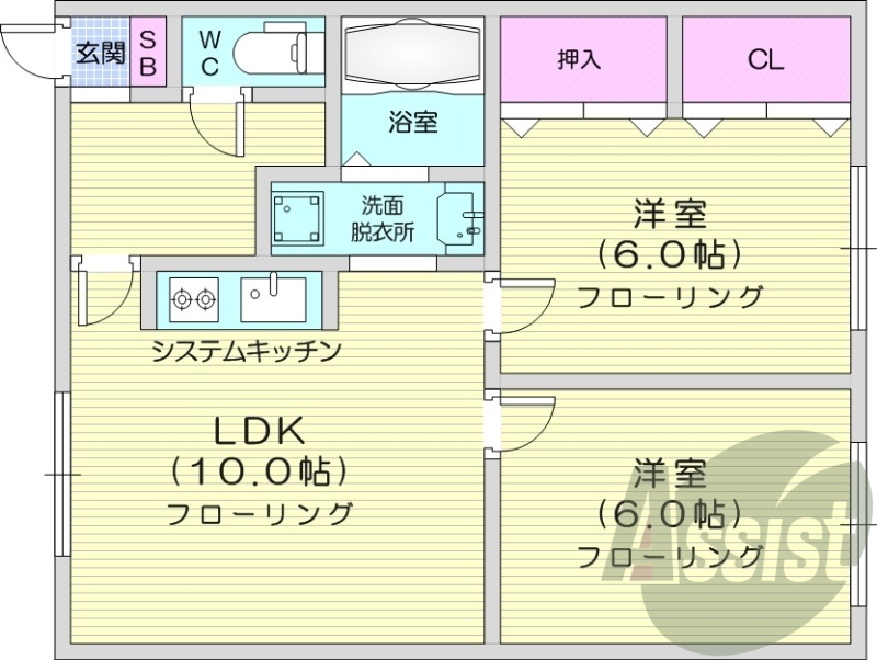 2LDK、角部屋、ペット可、灯油暖房、システムキッチン