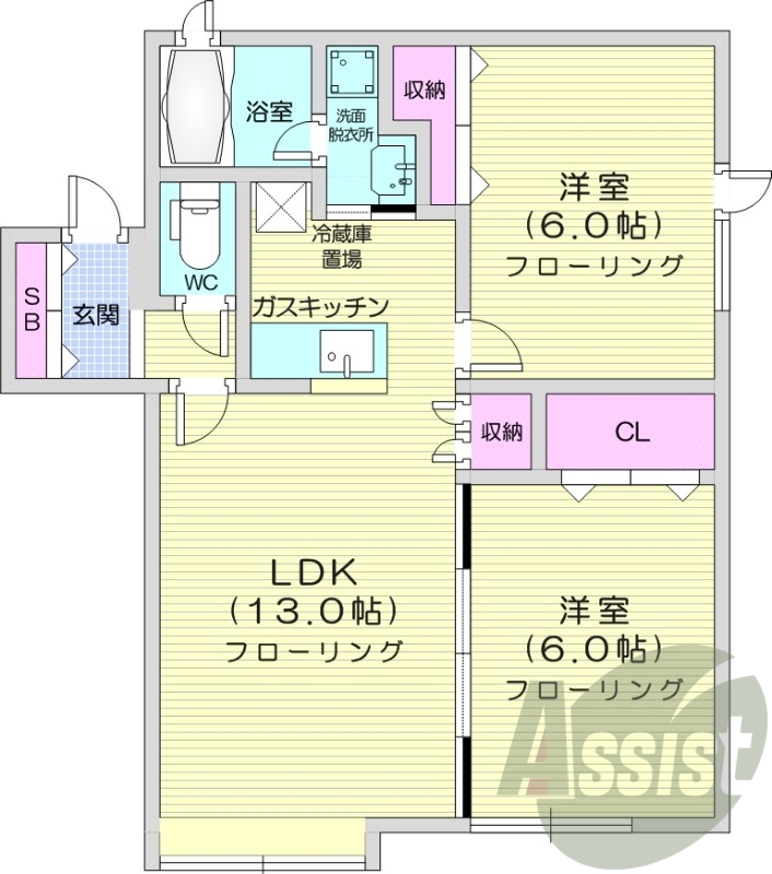 2LDK、対面キッチン、灯油暖房、角部屋