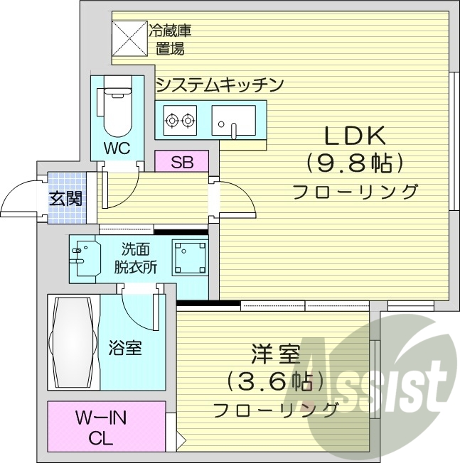 1LDK、都市ガス、エアコン、システムキッチン