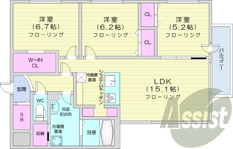 3LDK、都市ガス、エアコン、ネット無料