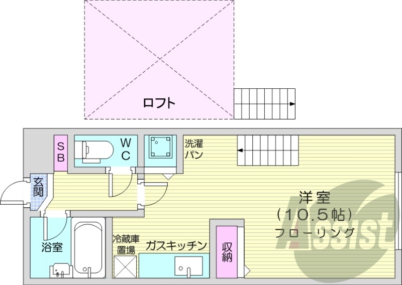 1DK、ロフト付、灯油暖房、エアコン、浴室乾燥機
